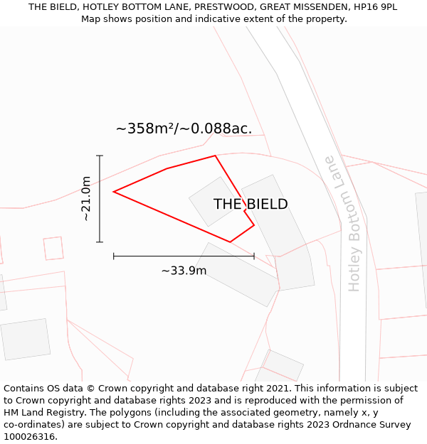 THE BIELD, HOTLEY BOTTOM LANE, PRESTWOOD, GREAT MISSENDEN, HP16 9PL: Plot and title map