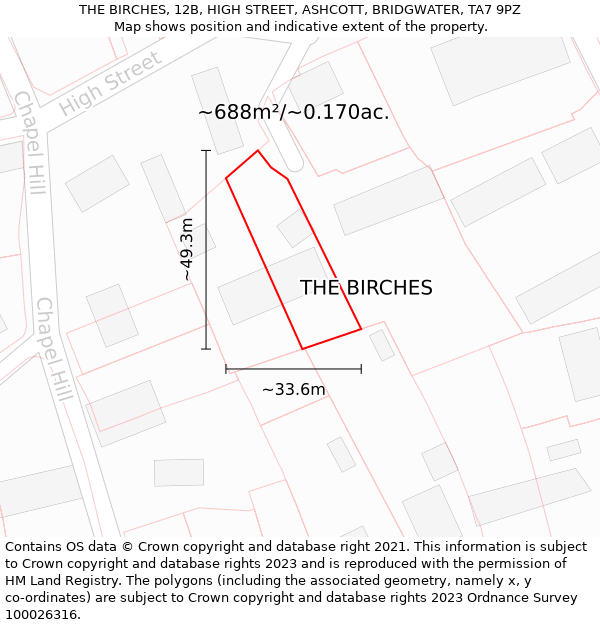 THE BIRCHES, 12B, HIGH STREET, ASHCOTT, BRIDGWATER, TA7 9PZ: Plot and title map