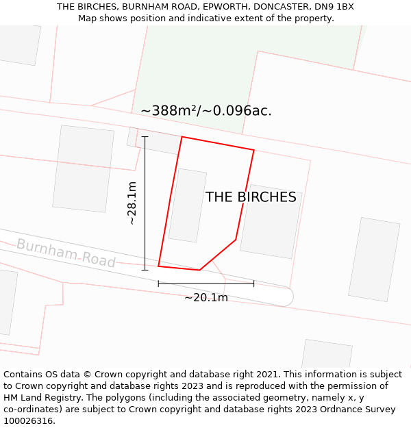 THE BIRCHES, BURNHAM ROAD, EPWORTH, DONCASTER, DN9 1BX: Plot and title map