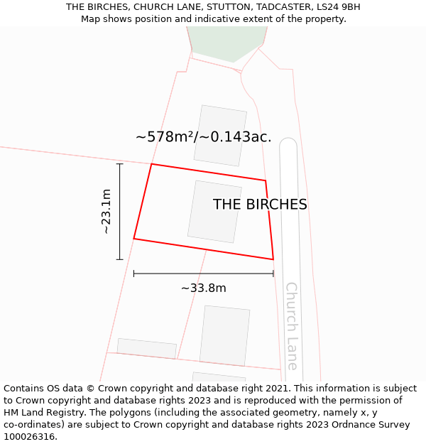 THE BIRCHES, CHURCH LANE, STUTTON, TADCASTER, LS24 9BH: Plot and title map
