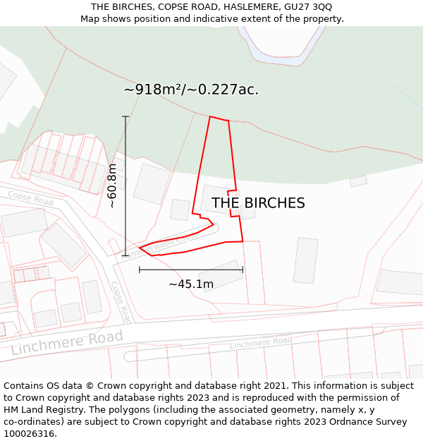 THE BIRCHES, COPSE ROAD, HASLEMERE, GU27 3QQ: Plot and title map