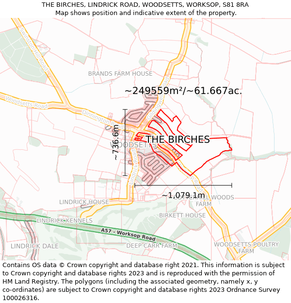 THE BIRCHES, LINDRICK ROAD, WOODSETTS, WORKSOP, S81 8RA: Plot and title map