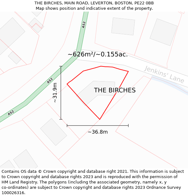 THE BIRCHES, MAIN ROAD, LEVERTON, BOSTON, PE22 0BB: Plot and title map