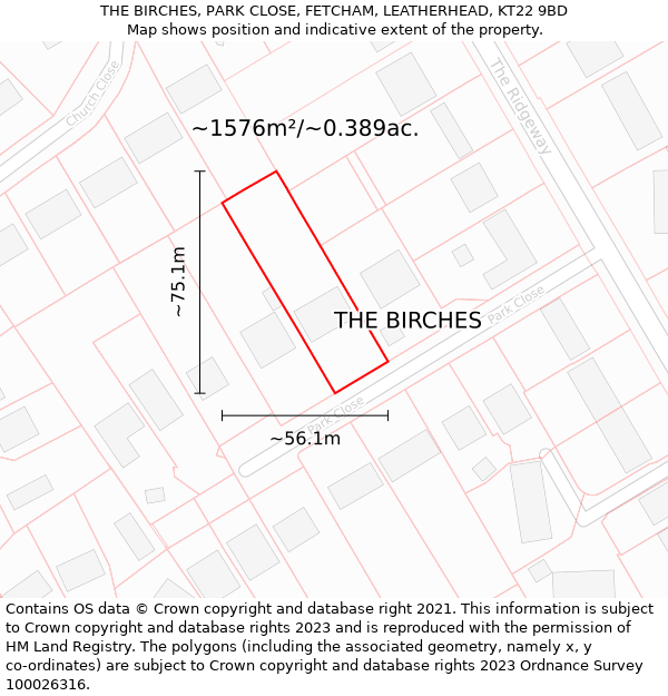 THE BIRCHES, PARK CLOSE, FETCHAM, LEATHERHEAD, KT22 9BD: Plot and title map