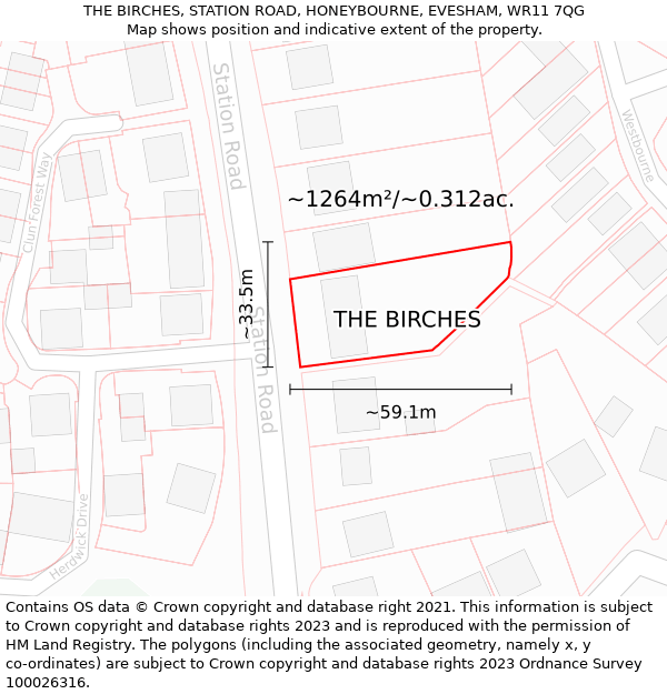 THE BIRCHES, STATION ROAD, HONEYBOURNE, EVESHAM, WR11 7QG: Plot and title map