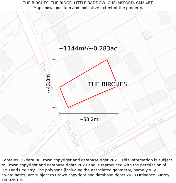 THE BIRCHES, THE RIDGE, LITTLE BADDOW, CHELMSFORD, CM3 4RT: Plot and title map