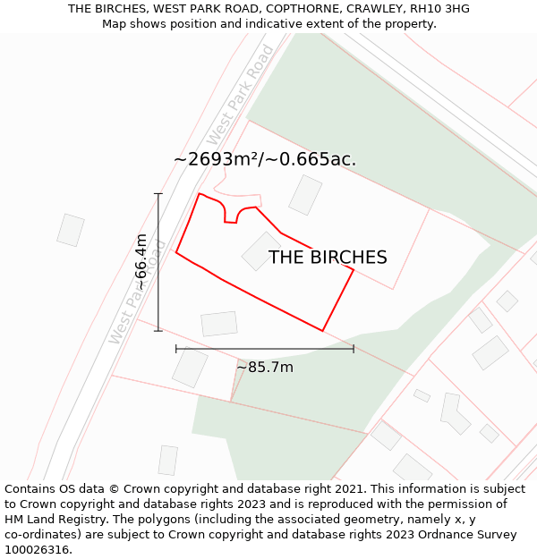 THE BIRCHES, WEST PARK ROAD, COPTHORNE, CRAWLEY, RH10 3HG: Plot and title map