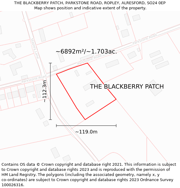 THE BLACKBERRY PATCH, PARKSTONE ROAD, ROPLEY, ALRESFORD, SO24 0EP: Plot and title map