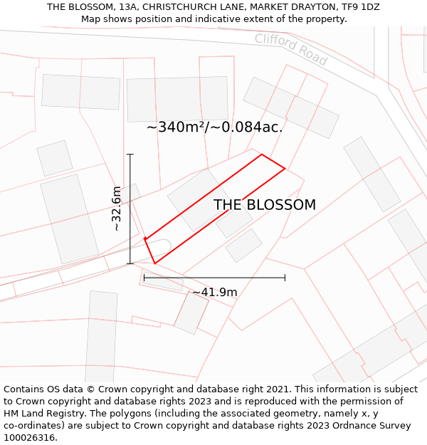 THE BLOSSOM, 13A, CHRISTCHURCH LANE, MARKET DRAYTON, TF9 1DZ: Plot and title map