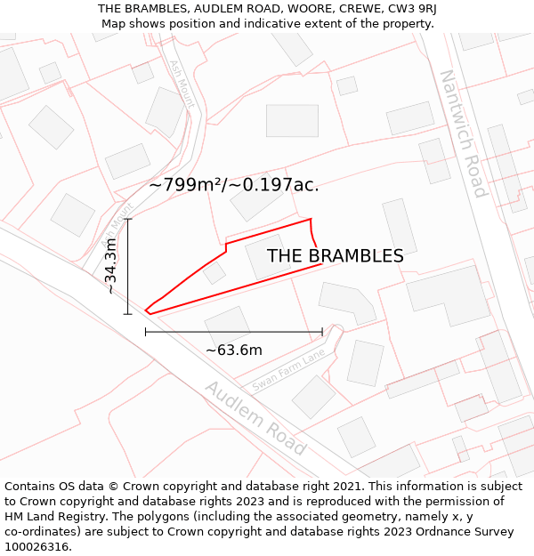 THE BRAMBLES, AUDLEM ROAD, WOORE, CREWE, CW3 9RJ: Plot and title map