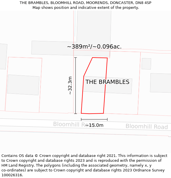 THE BRAMBLES, BLOOMHILL ROAD, MOORENDS, DONCASTER, DN8 4SP: Plot and title map