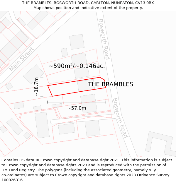 THE BRAMBLES, BOSWORTH ROAD, CARLTON, NUNEATON, CV13 0BX: Plot and title map
