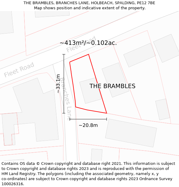 THE BRAMBLES, BRANCHES LANE, HOLBEACH, SPALDING, PE12 7BE: Plot and title map