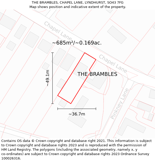 THE BRAMBLES, CHAPEL LANE, LYNDHURST, SO43 7FG: Plot and title map
