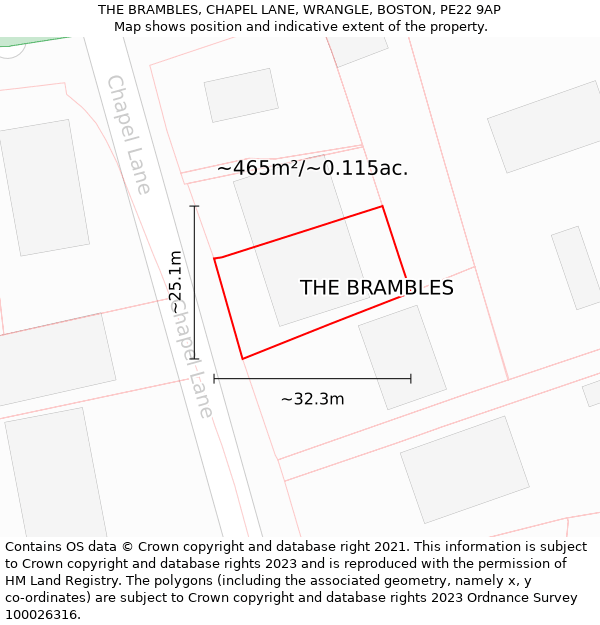 THE BRAMBLES, CHAPEL LANE, WRANGLE, BOSTON, PE22 9AP: Plot and title map
