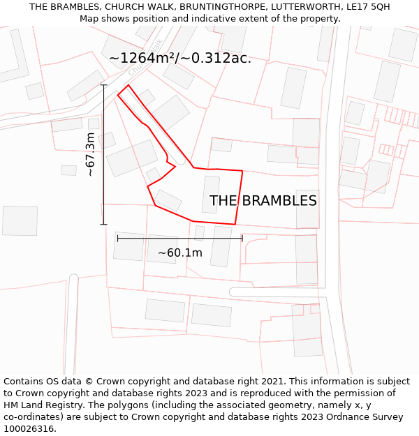 THE BRAMBLES, CHURCH WALK, BRUNTINGTHORPE, LUTTERWORTH, LE17 5QH: Plot and title map