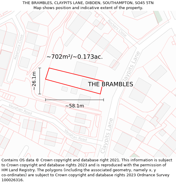 THE BRAMBLES, CLAYPITS LANE, DIBDEN, SOUTHAMPTON, SO45 5TN: Plot and title map