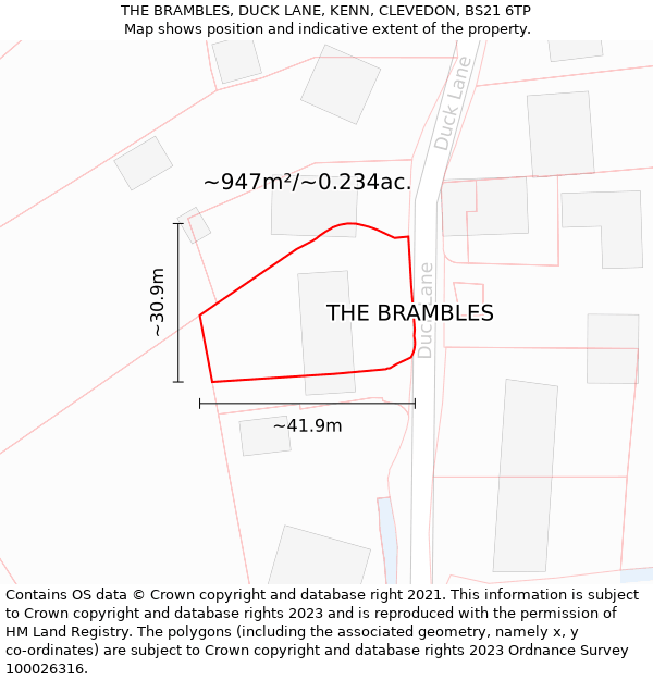 THE BRAMBLES, DUCK LANE, KENN, CLEVEDON, BS21 6TP: Plot and title map