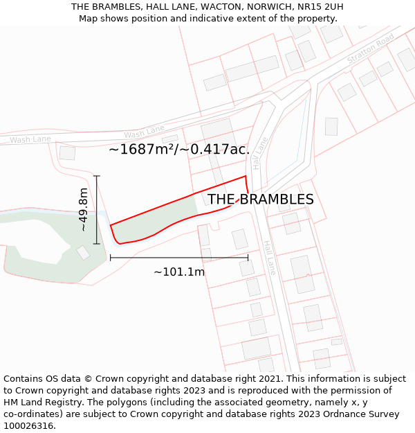 THE BRAMBLES, HALL LANE, WACTON, NORWICH, NR15 2UH: Plot and title map