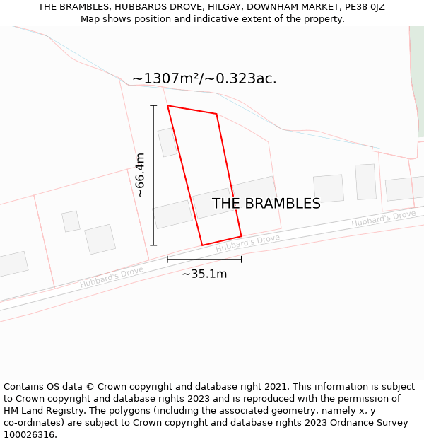 THE BRAMBLES, HUBBARDS DROVE, HILGAY, DOWNHAM MARKET, PE38 0JZ: Plot and title map