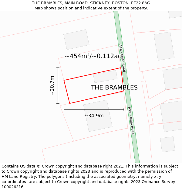THE BRAMBLES, MAIN ROAD, STICKNEY, BOSTON, PE22 8AG: Plot and title map