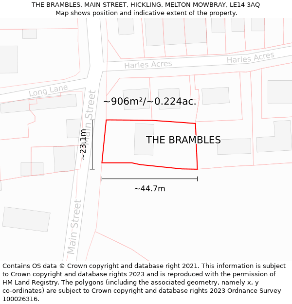 THE BRAMBLES, MAIN STREET, HICKLING, MELTON MOWBRAY, LE14 3AQ: Plot and title map