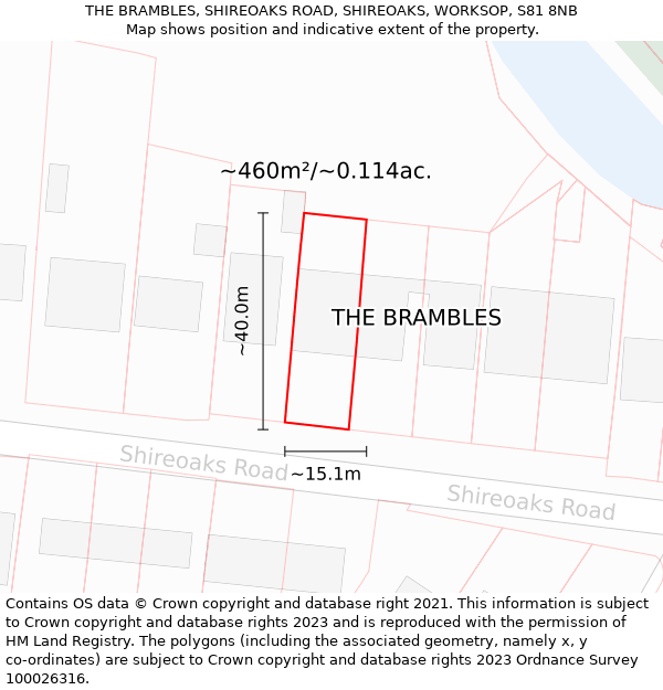 THE BRAMBLES, SHIREOAKS ROAD, SHIREOAKS, WORKSOP, S81 8NB: Plot and title map