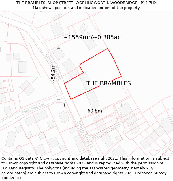 THE BRAMBLES, SHOP STREET, WORLINGWORTH, WOODBRIDGE, IP13 7HX: Plot and title map