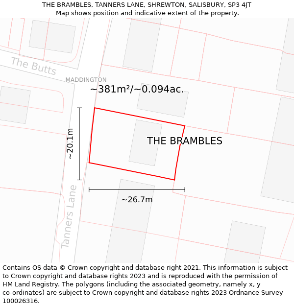 THE BRAMBLES, TANNERS LANE, SHREWTON, SALISBURY, SP3 4JT: Plot and title map