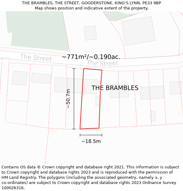 THE BRAMBLES, THE STREET, GOODERSTONE, KING'S LYNN, PE33 9BP: Plot and title map