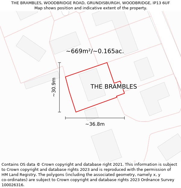 THE BRAMBLES, WOODBRIDGE ROAD, GRUNDISBURGH, WOODBRIDGE, IP13 6UF: Plot and title map