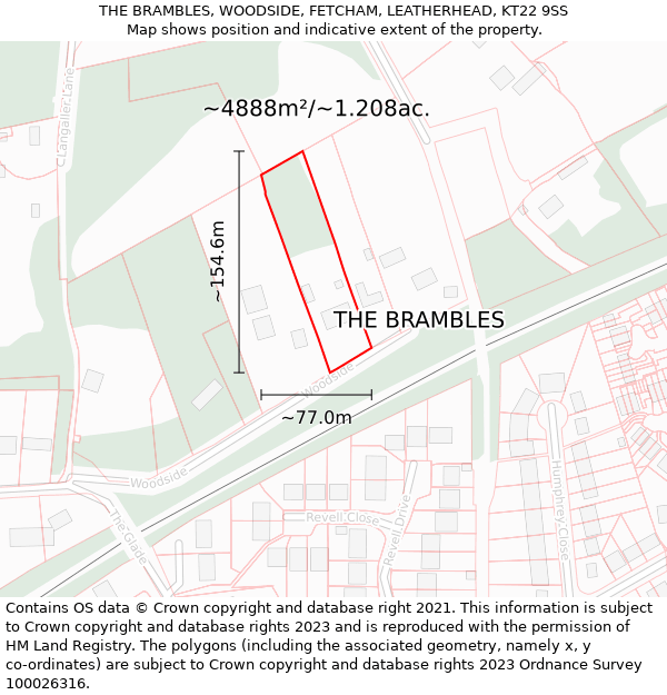 THE BRAMBLES, WOODSIDE, FETCHAM, LEATHERHEAD, KT22 9SS: Plot and title map