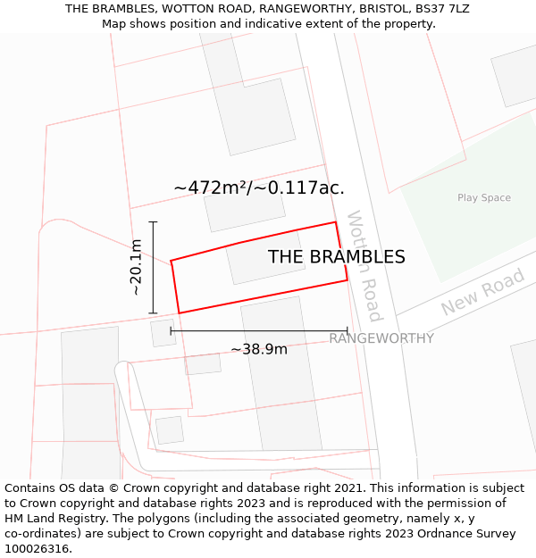 THE BRAMBLES, WOTTON ROAD, RANGEWORTHY, BRISTOL, BS37 7LZ: Plot and title map