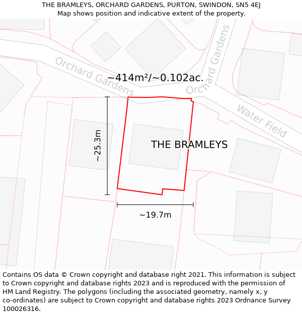 THE BRAMLEYS, ORCHARD GARDENS, PURTON, SWINDON, SN5 4EJ: Plot and title map