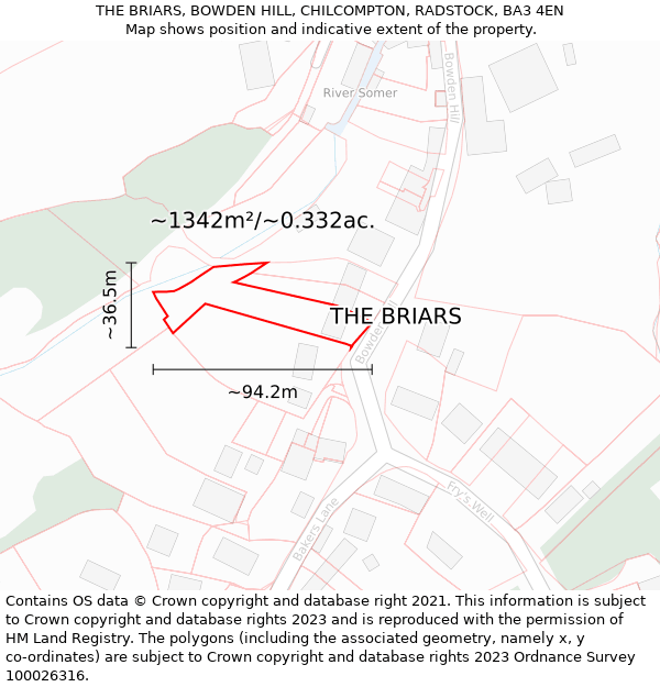 THE BRIARS, BOWDEN HILL, CHILCOMPTON, RADSTOCK, BA3 4EN: Plot and title map