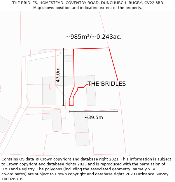 THE BRIDLES, HOMESTEAD, COVENTRY ROAD, DUNCHURCH, RUGBY, CV22 6RB: Plot and title map