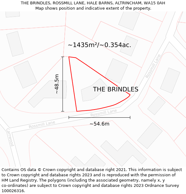 THE BRINDLES, ROSSMILL LANE, HALE BARNS, ALTRINCHAM, WA15 0AH: Plot and title map