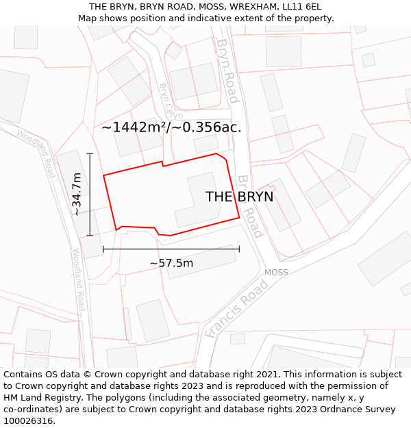 THE BRYN, BRYN ROAD, MOSS, WREXHAM, LL11 6EL: Plot and title map