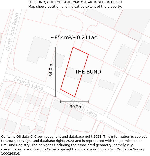 THE BUND, CHURCH LANE, YAPTON, ARUNDEL, BN18 0EH: Plot and title map