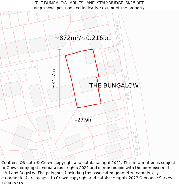 THE BUNGALOW, ARLIES LANE, STALYBRIDGE, SK15 3PT: Plot and title map