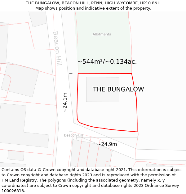 THE BUNGALOW, BEACON HILL, PENN, HIGH WYCOMBE, HP10 8NH: Plot and title map