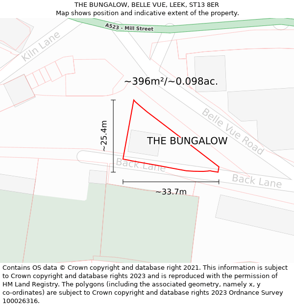 THE BUNGALOW, BELLE VUE, LEEK, ST13 8ER: Plot and title map