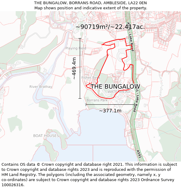 THE BUNGALOW, BORRANS ROAD, AMBLESIDE, LA22 0EN: Plot and title map