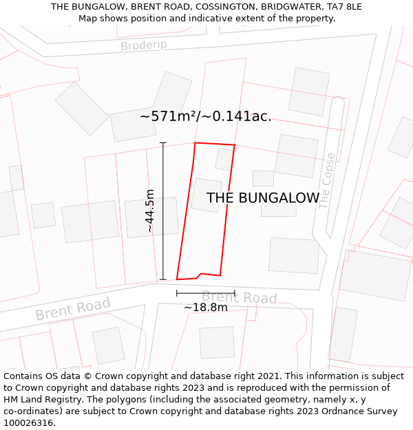 THE BUNGALOW, BRENT ROAD, COSSINGTON, BRIDGWATER, TA7 8LE: Plot and title map