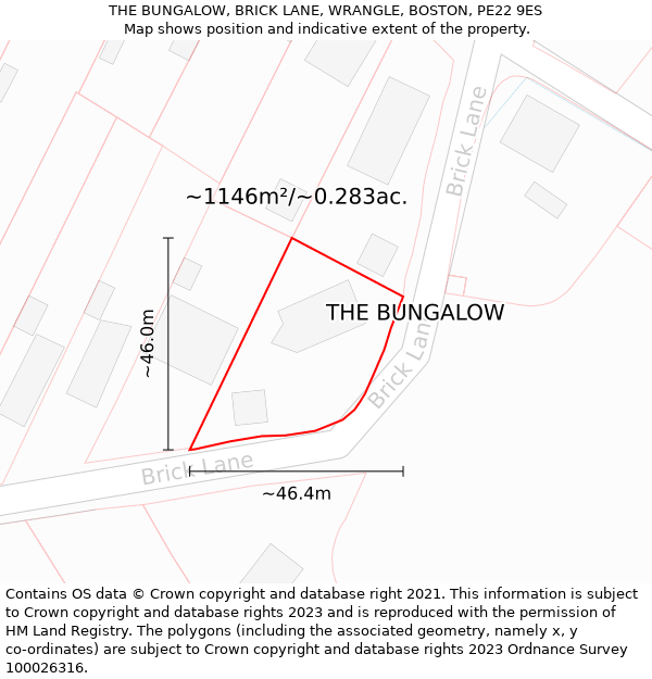 THE BUNGALOW, BRICK LANE, WRANGLE, BOSTON, PE22 9ES: Plot and title map