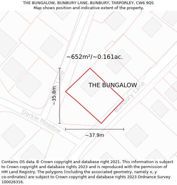 THE BUNGALOW, BUNBURY LANE, BUNBURY, TARPORLEY, CW6 9QS: Plot and title map