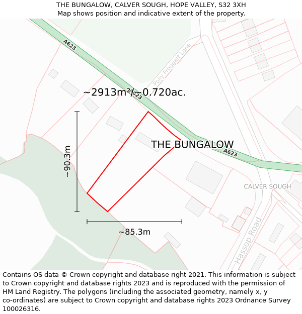 THE BUNGALOW, CALVER SOUGH, HOPE VALLEY, S32 3XH: Plot and title map