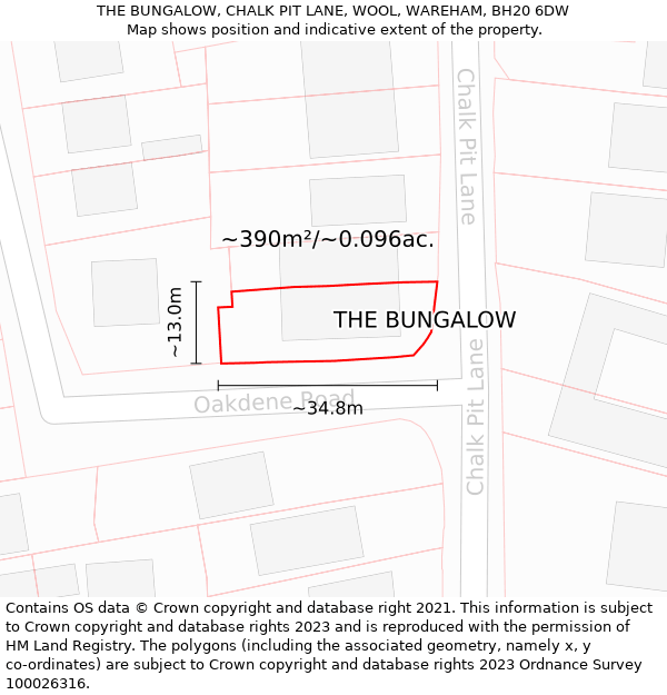 THE BUNGALOW, CHALK PIT LANE, WOOL, WAREHAM, BH20 6DW: Plot and title map