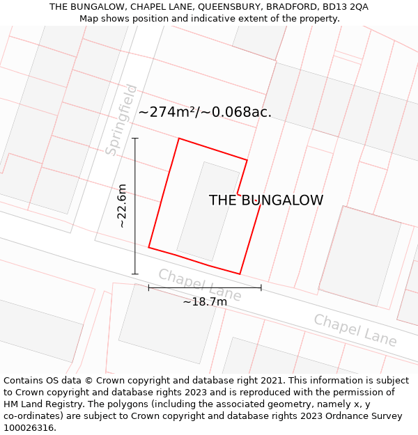THE BUNGALOW, CHAPEL LANE, QUEENSBURY, BRADFORD, BD13 2QA: Plot and title map