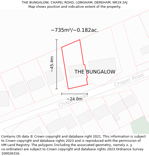 THE BUNGALOW, CHAPEL ROAD, LONGHAM, DEREHAM, NR19 2AJ: Plot and title map